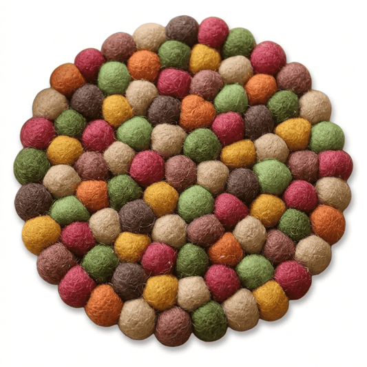 Round wool felt trivet with multicolor felt ball texture, handmade pot mat