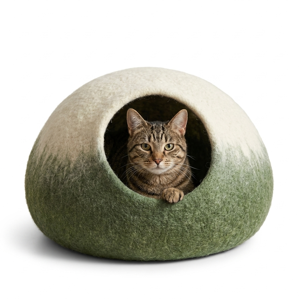 Green Ombre Wool Cat Cave Bed