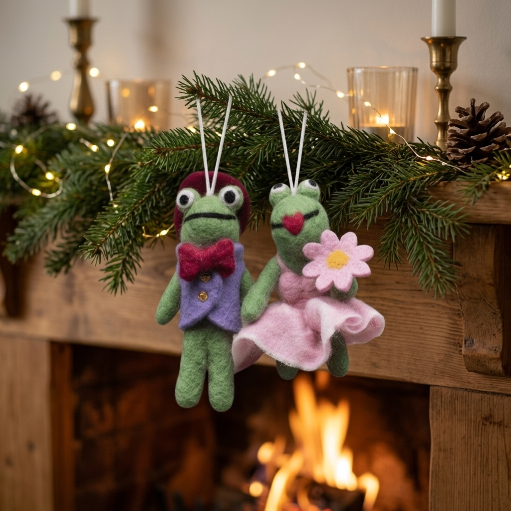 Handmade Wool Felt Frog Couple Ornament