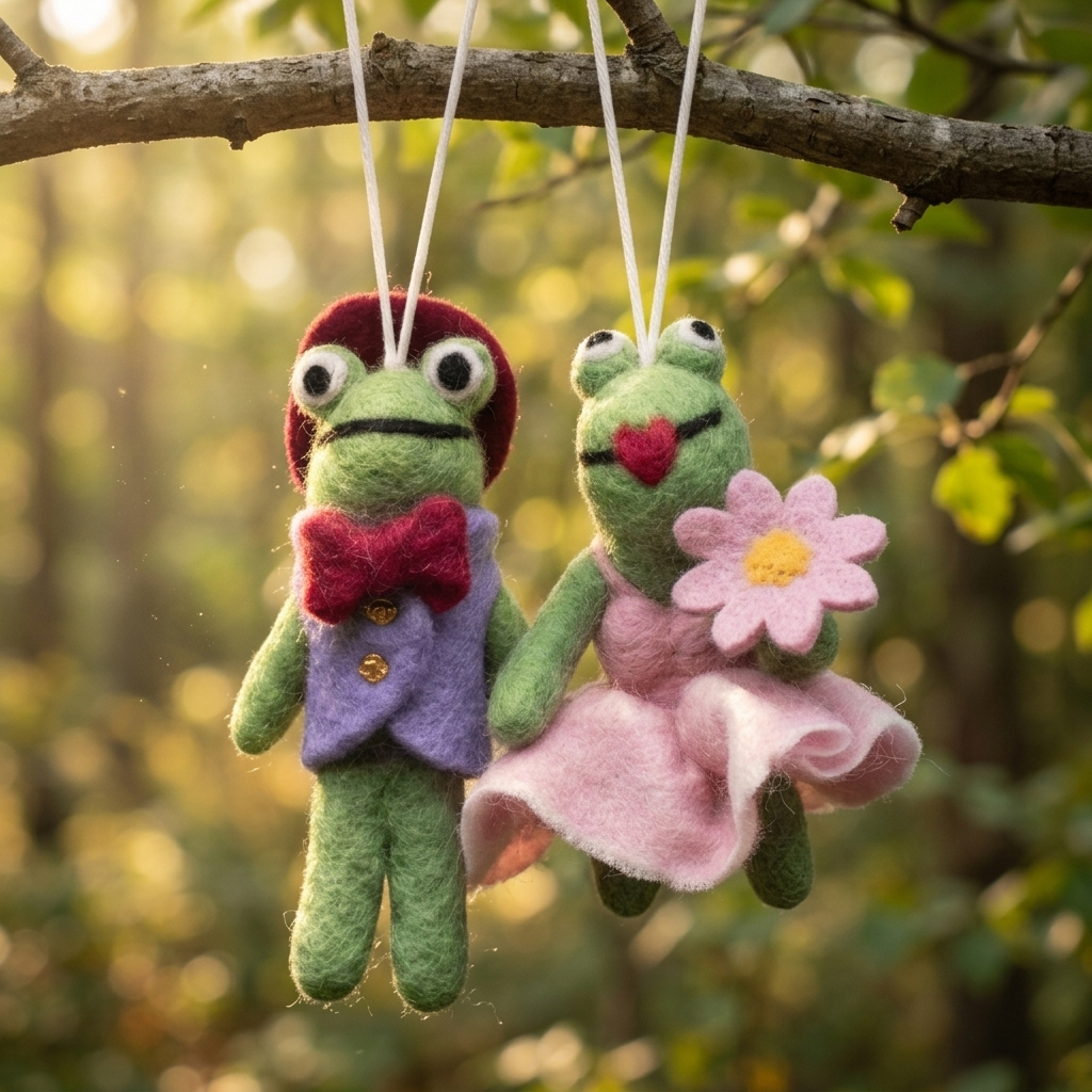 Handmade Wool Felt Frog Couple Ornament