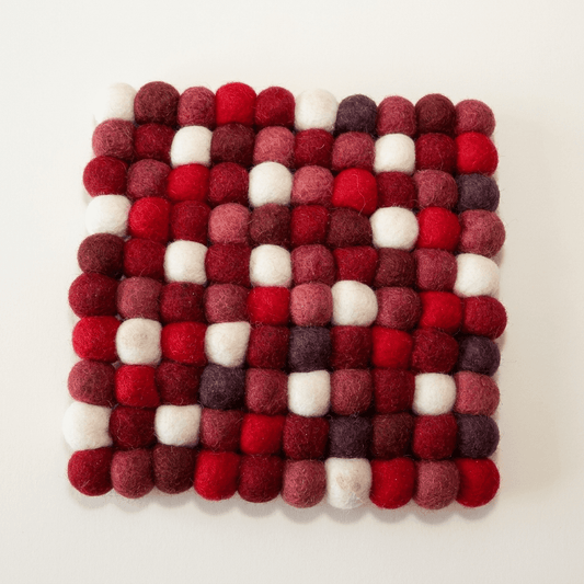 Handmade wool felt trivet, square berry-red and dark red with white felt balls