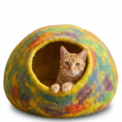 Rainbow Yellow Wool Cat Cave Bed