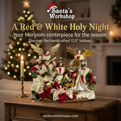 12.5’’ Red & White Christmas decor handmade religious nativity  Scene with Angels and Manger - 51 cm