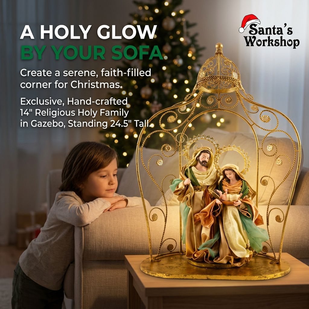 24.5" (63cm) Christmas Holy Family in Gazebo – Large 14" (36cm) Religious Nativity Statue, Handmade Christian Christmas Decoration & Holiday Centrepiece