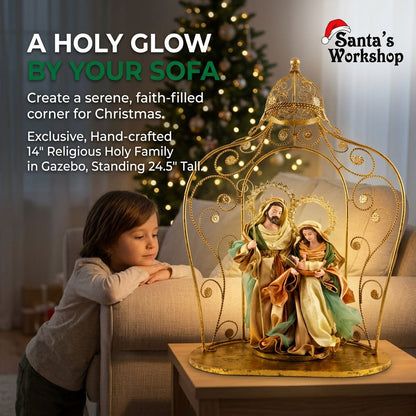 24.5" (63cm) Christmas Holy Family in Gazebo – Large 14" (36cm) Religious Nativity Statue, Handmade Christian Christmas Decoration & Holiday Centrepiece