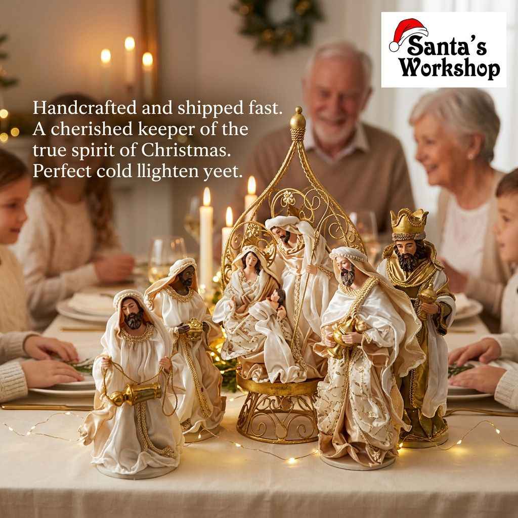 45cm Gold & White Holy Family Nativity Set in Gazebo – Handmade Christmas Religious Decoration with 3 Wise Men