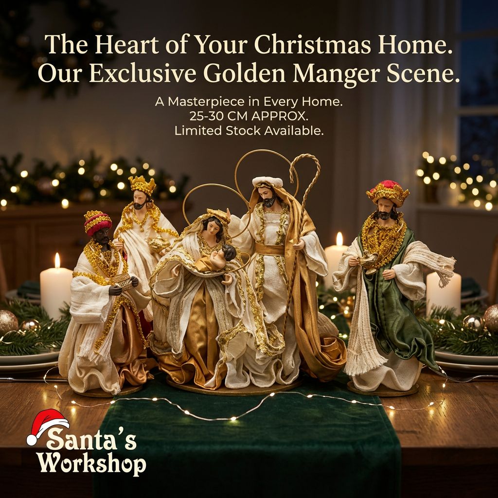 Gold Handmade Christmas Nativity Scene with Manger 25–30cm | Religious Holy Family Christmas Tabletop Decorationm