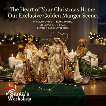 Gold Handmade Christmas Nativity Scene with Manger 25–30cm | Religious Holy Family Christmas Tabletop Decorationm