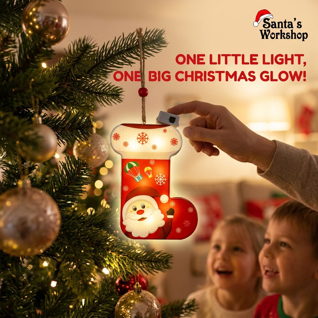 1PC Christmas Santa Stocking LED Hanging Ornament – Battery Powered Santa Claus Stocking Decoration with Snowflake Design for Christmas Tree & Home Décor