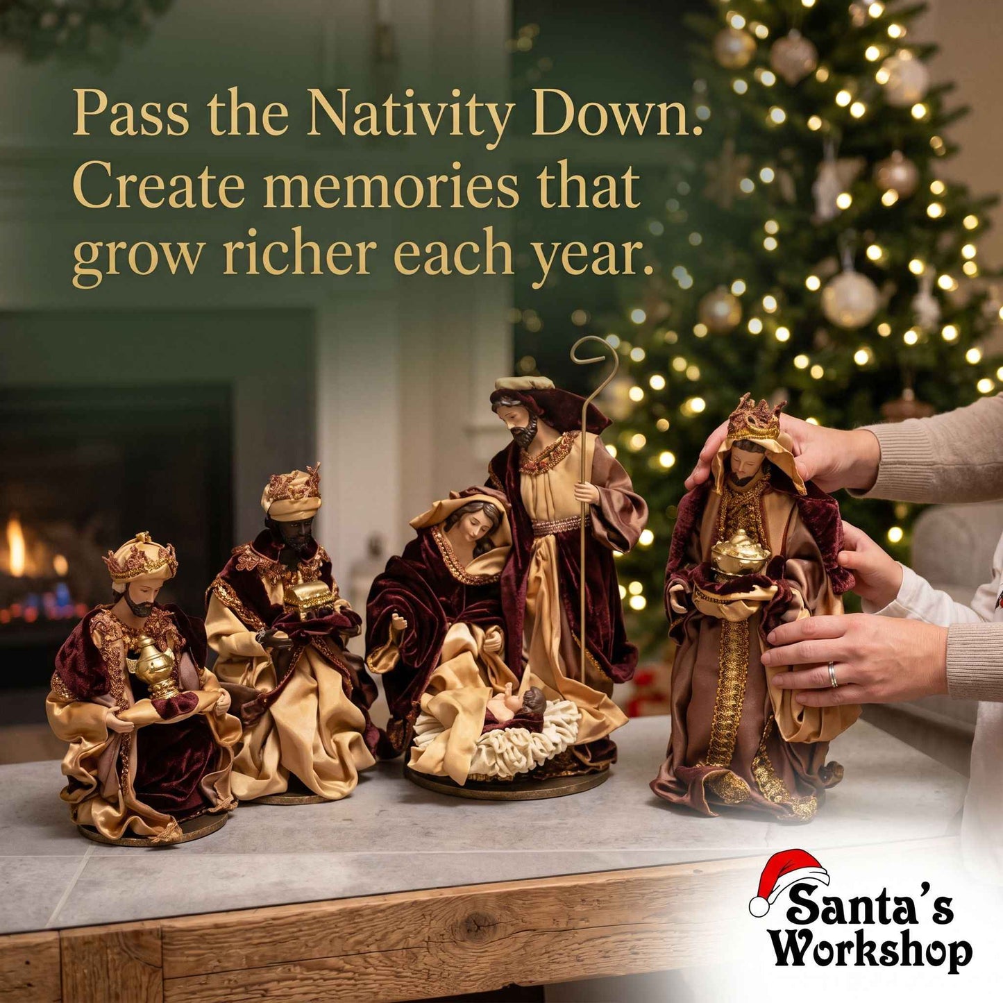 10.5'' Christmas Handmade Religious Nativity Set in Brown and Gold - 29 cm Approx