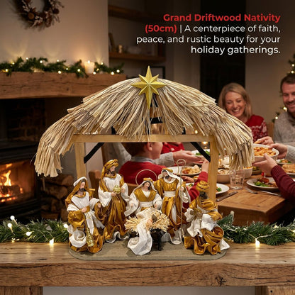 🎄 Gold Christmas Nativity Set in Driftwood Stable – 50cm Approx Handmade Holy Family Scene, Religious Christian Christmas Home Decor & Holiday Gift ✨