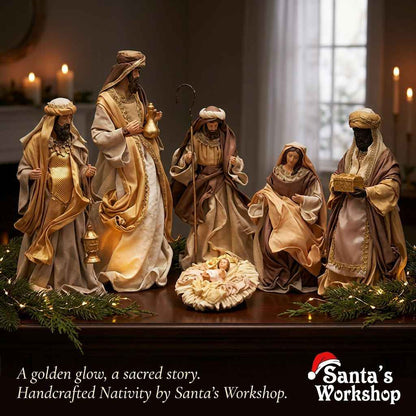 ⭐ Brown Gold Christmas Handmade Nativity Set with Manger (35–50cm) – Holy Family Religious Christian Home Decor & Holiday Gift ⭐