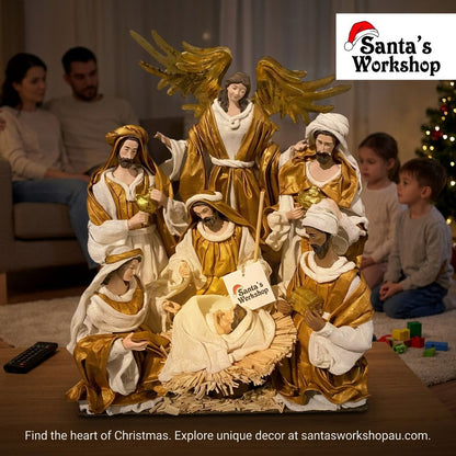 Gold Handmade Christmas Nativity Set with Manger 30–40cm – Religious Holy Family Holiday Decoration (one piece)