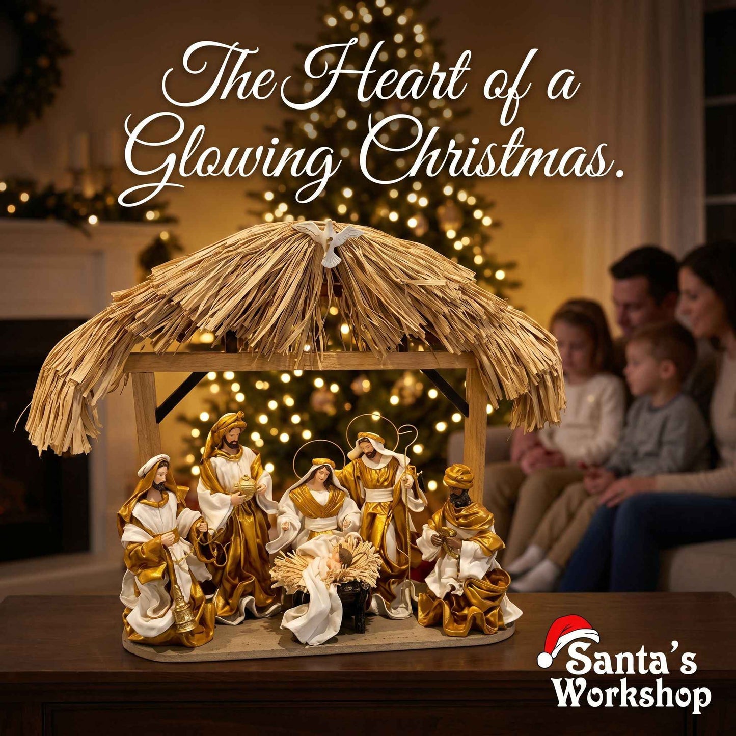 🎄 Gold Christmas Nativity Set in Driftwood Stable – 50cm Approx Handmade Holy Family Scene, Religious Christian Christmas Home Decor & Holiday Gift ✨