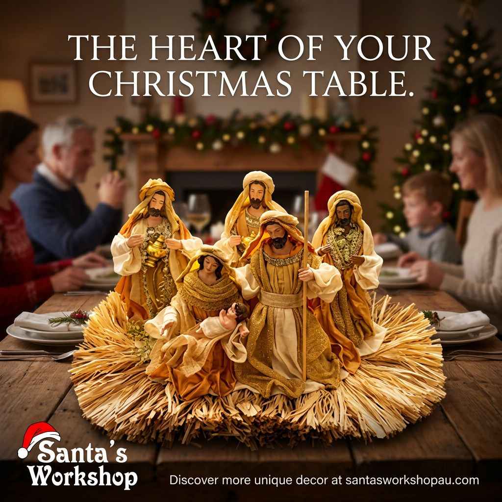 🎄 53cm Gold Christmas Nativity Ornament with Manger – Holy Family Religious Scene, Christian Christmas Home Decor & Holiday Gift ✨