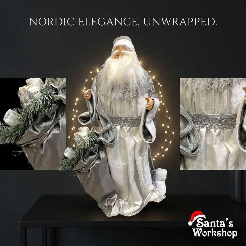 55cm Grey & White Standing Santa Claus Christmas Ornament – Luxury Holiday Home Decoration