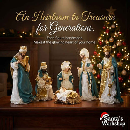 Blue & White Handmade Christmas Nativity Set with Manger – Religious Holy Family Decoration (35–50cm Approx.)