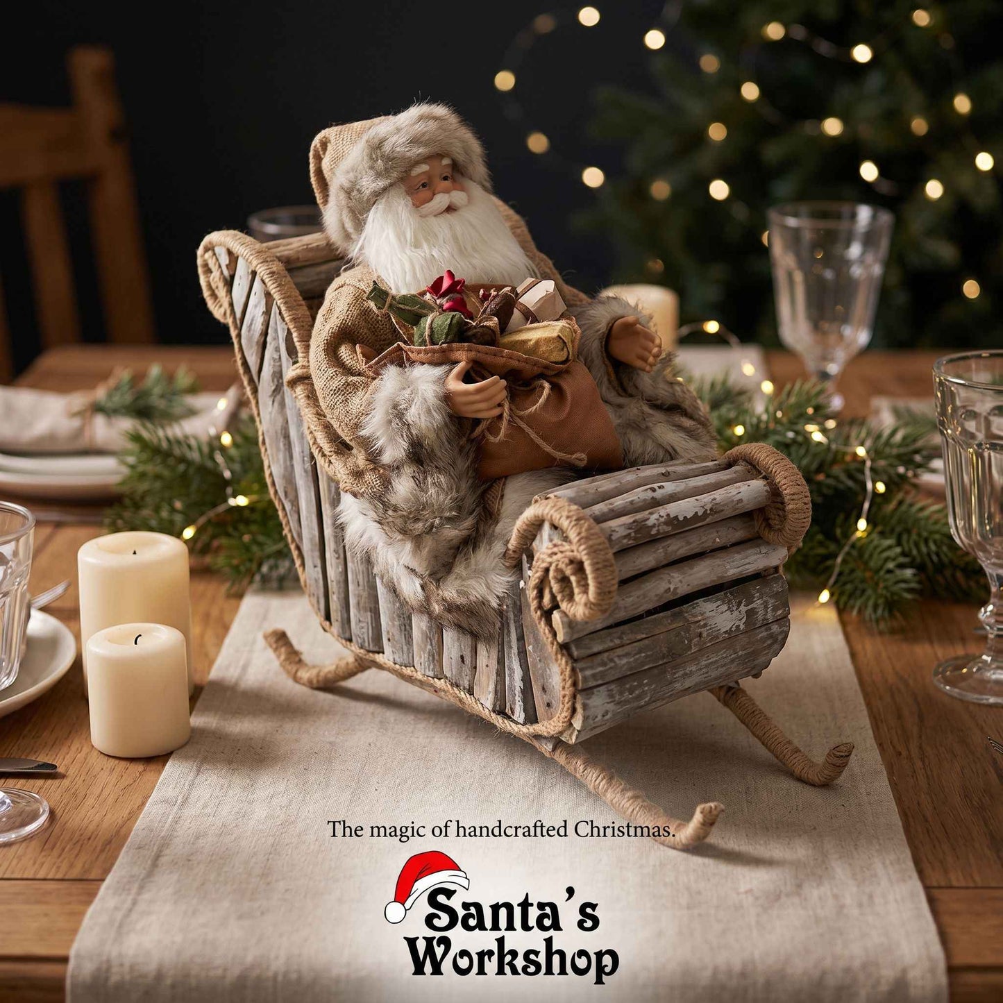 40cm Christmas Ornament Santa Claus in Driftwood Sleigh – Rustic Handmade Style Holiday Decoration, Festive Christmas Home & Tabletop Decor