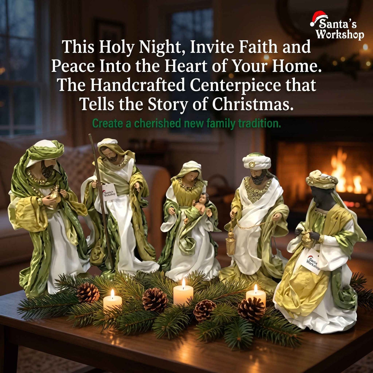 Religious Handmade Christmas Nativity Set with Manger (35–50cm) & Angel – Holy Family with Angel Religious Scene, Christian Christmas Home Decor & Holiday Gift ✨