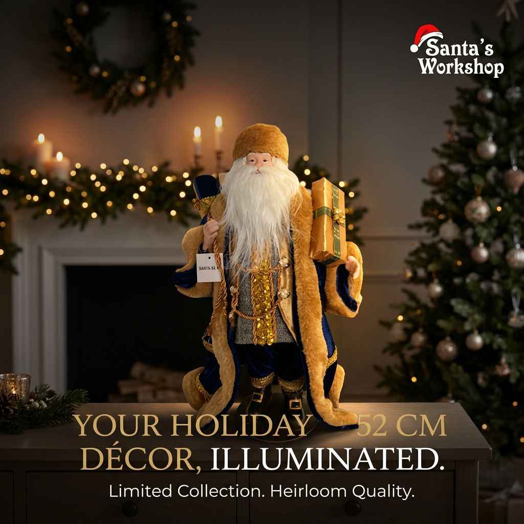 Blue Velvet Standing Santa Claus Christmas Ornament – Luxury Holiday Figure Decoration 52cm approx