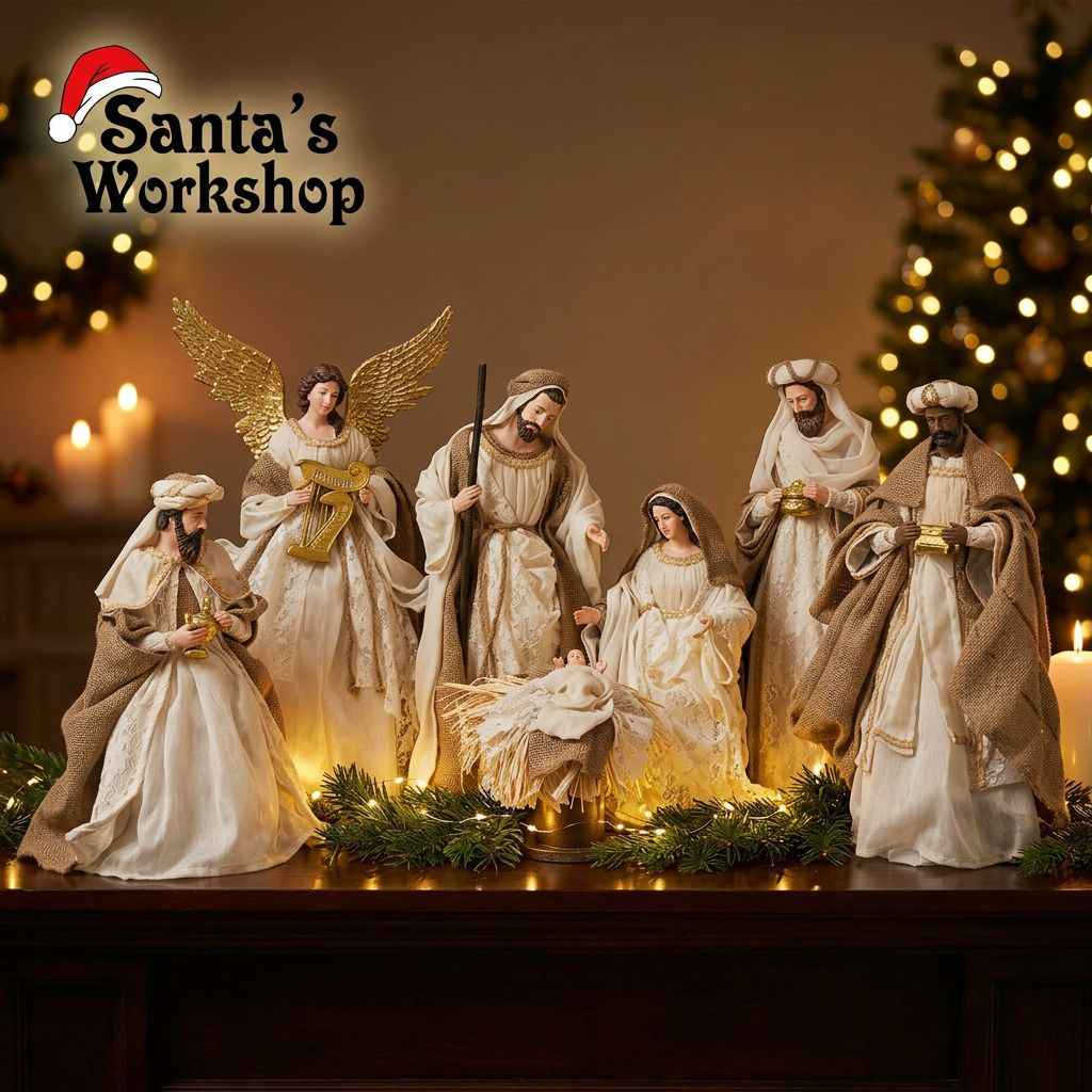 ⭐ Christmas Religious Handmade Nativity Set – Beige & White Holy Family (15.5"), Three Kings (16") & 45cm Angel, Christian Christmas Decor ⭐