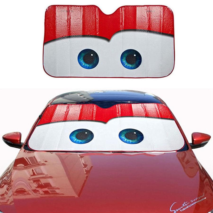 Car windshield sunshade cover, red mesh top with white panel and blue eye graphic