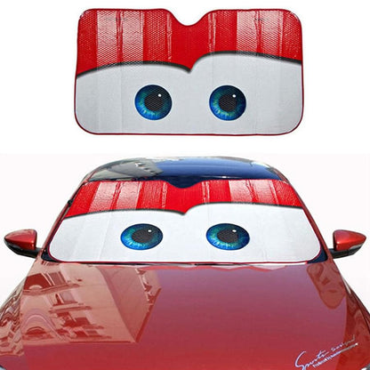 Car windshield sunshade cover, red mesh top with white panel and blue eye graphic
