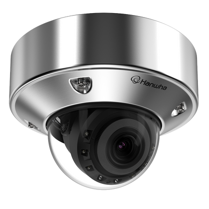 Hanwha Vision HV-XNV-A8084RS 5MP Stainless Steel AI IR Vandal Dome Camera with Wisenet 9 AI, 3.3–9.3mm Varifocal Lens, 50m IR, IP68 & NSF/ANSI 169
