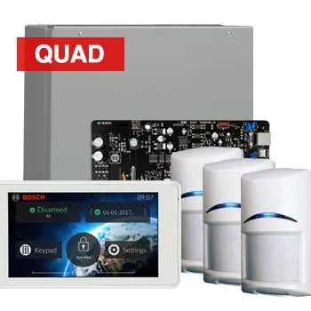 Bosch Solution 4000 Alarm Kit with ICP-SOL4-P Panel, IUI-SOL-TS5 5" Touchscreen Keypad, 3x ISC-BPQ2-W12 Quad Detectors & Siren Kit – K4000-3QUAD-TS5