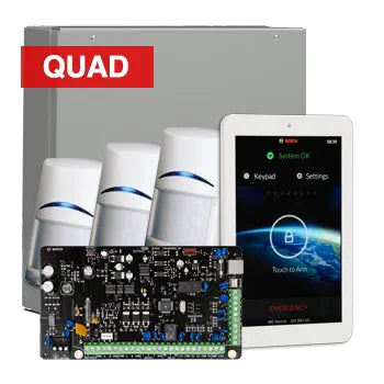 Bosch Solution 4000 Alarm Kit with ICP-SOL4-P Panel, IUI-SOL-TS7 7" Touchscreen Keypad, 3x ISC-BPQ2-W12 Quad Detectors & Siren Kit – K4000-3QUAD-TS7