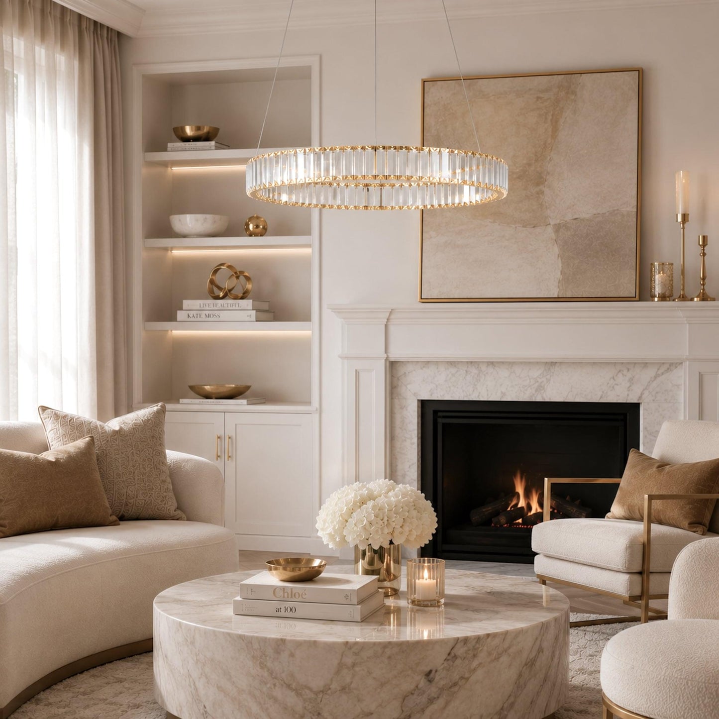 Round crystal LED chandelier with gold hardware and clear vertical crystal prisms