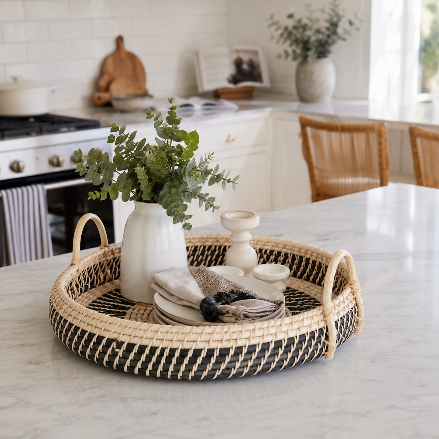Large Round Natural Rattan Breakfast Tray with Handles
