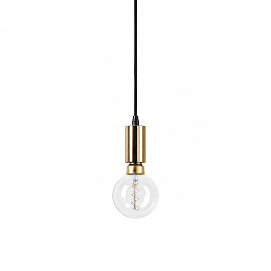 Gold pendant light with clear glass globe shade, black cord, visible filament
