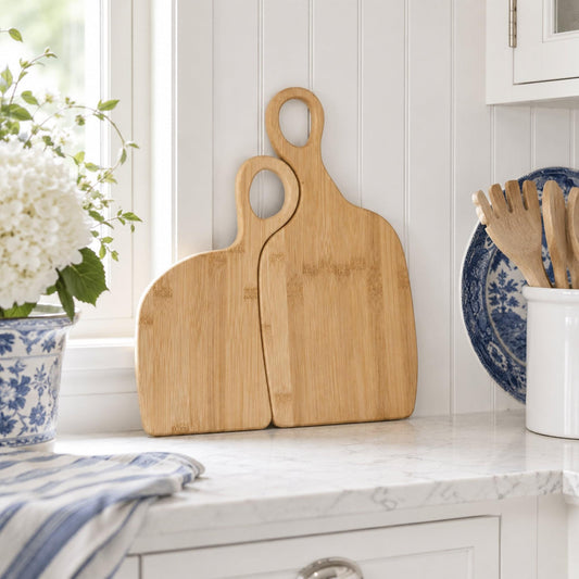 Set of 2 bamboo chopping boards, rounded shapes with loop handles