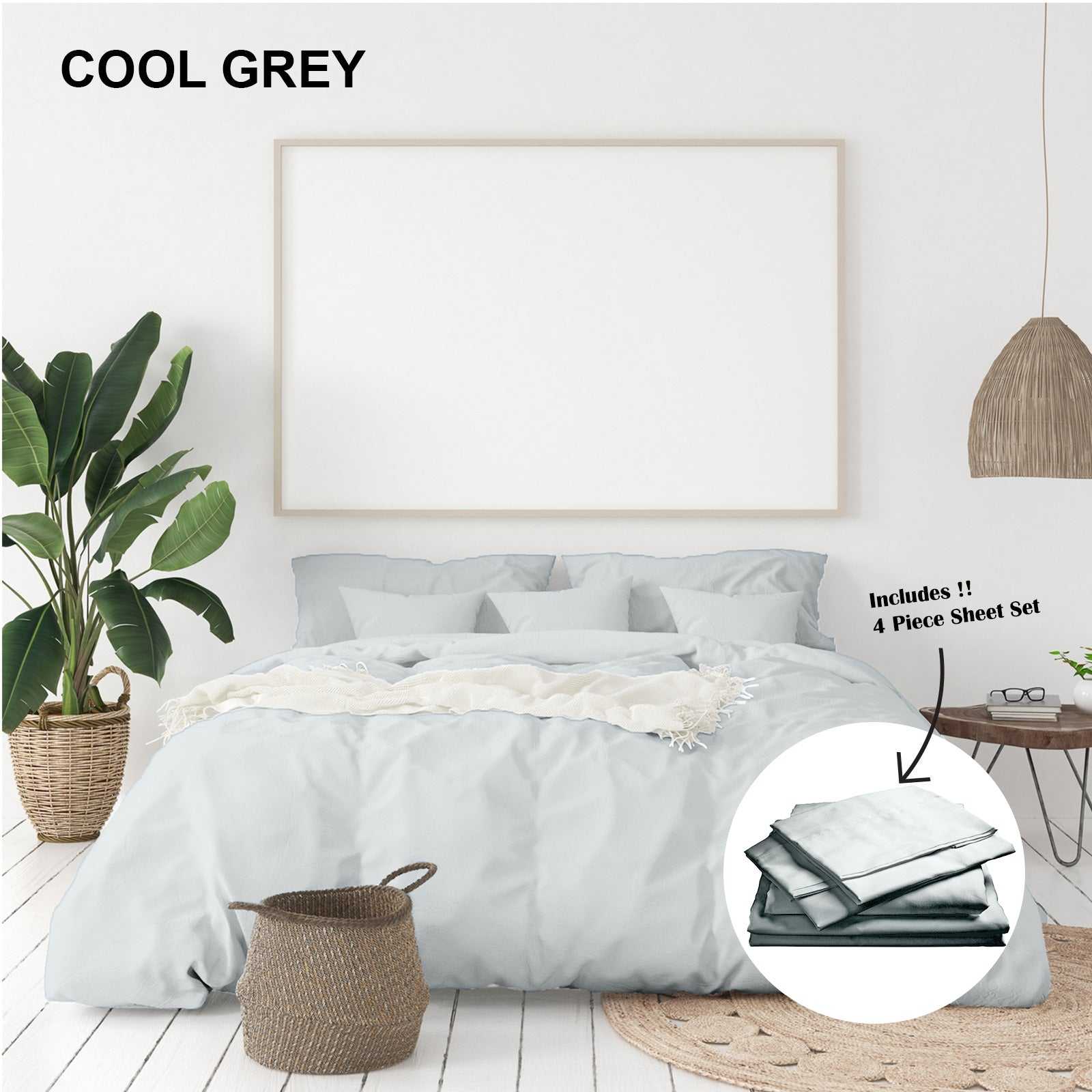 Royal Comfort 1000 Thread Count Bamboo Cotton Sheet and Quilt Cover Complete Set - King - Cool Grey, featuring a stylish bedroom setup with a light grey quilt and decorative pillows.