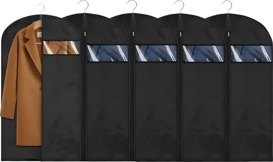 Black 5-pack garment bags with zipper and clear viewing windows, hanging hooks