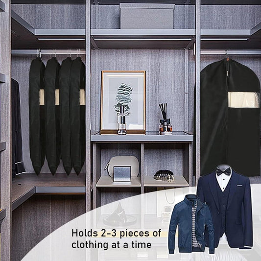 Black garment bag cover with zipper and clear viewing window, hanging in closet