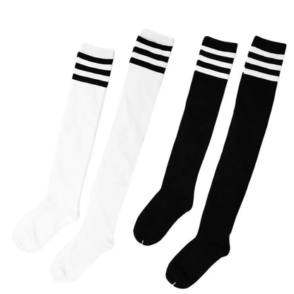 Womens Striped Top Black White Cotton Knee High Socks Over the Knee Thigh High