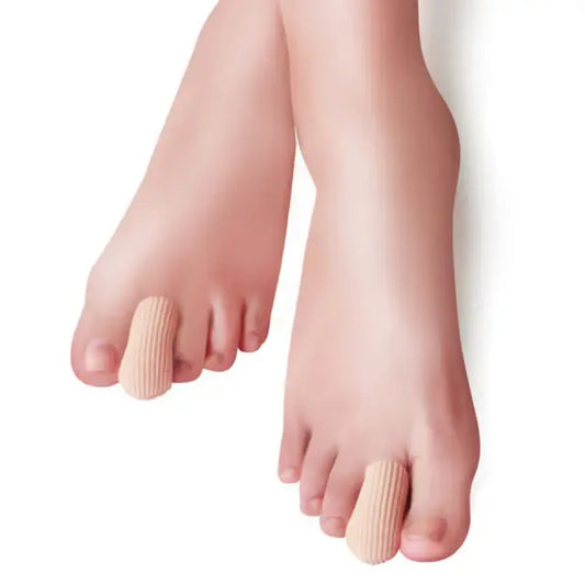 Pair of closed gel toe tubes, ribbed beige on toes