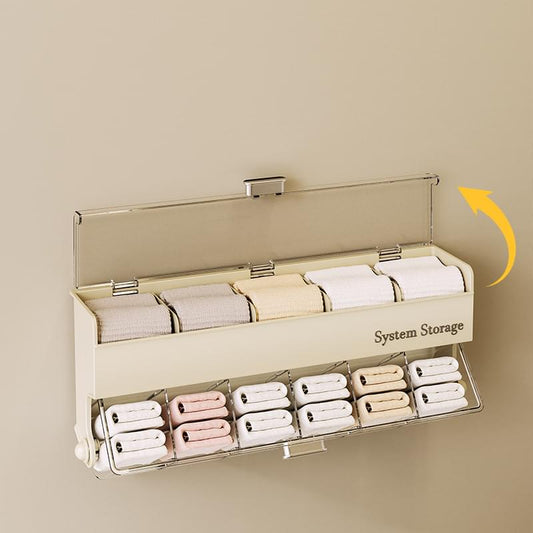 White hanging underwear and sock storage box with open lid and compartment inserts