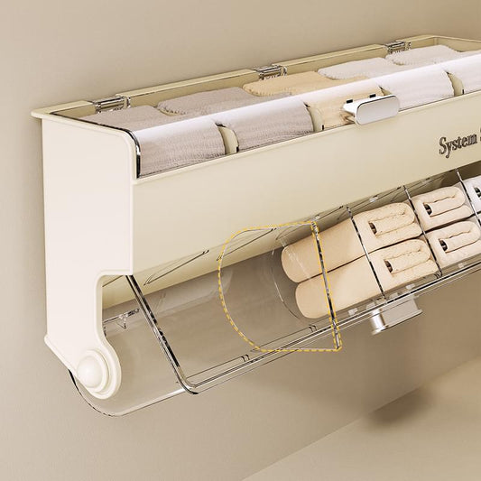 White hanging storage organizer with open lid showing folded underwear slots