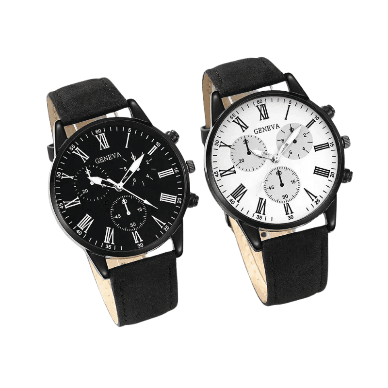 Pair of leather quartz watches, black and white dials with black leather straps.
