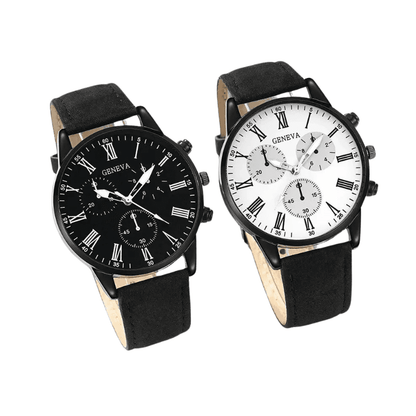 Pair of leather quartz watches, black and white dials with black leather straps.