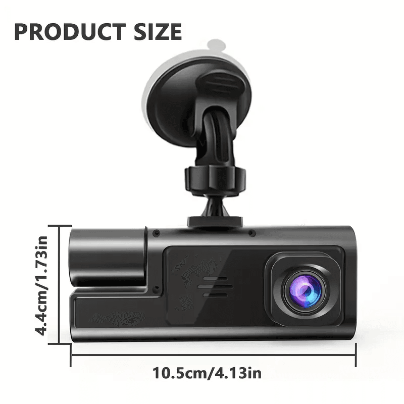 Black dash cam size view with front lens, mount, and measurements