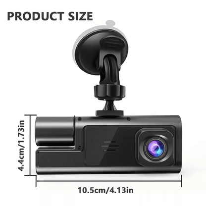 Black dash cam size view with front lens, mount, and measurements