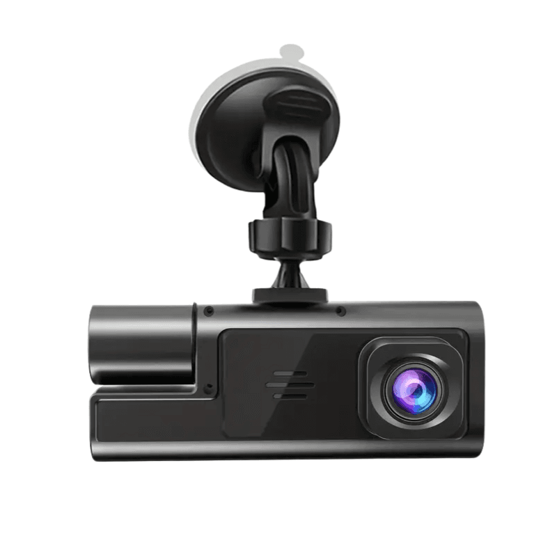 Black dash cam with front lens and windshield mount