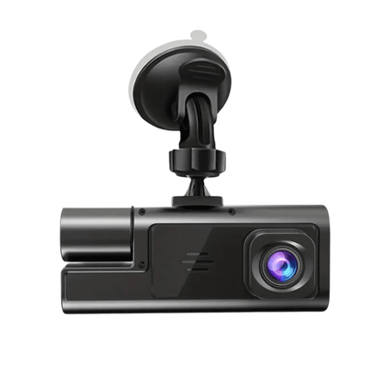 Black dash cam with front lens and windshield mount