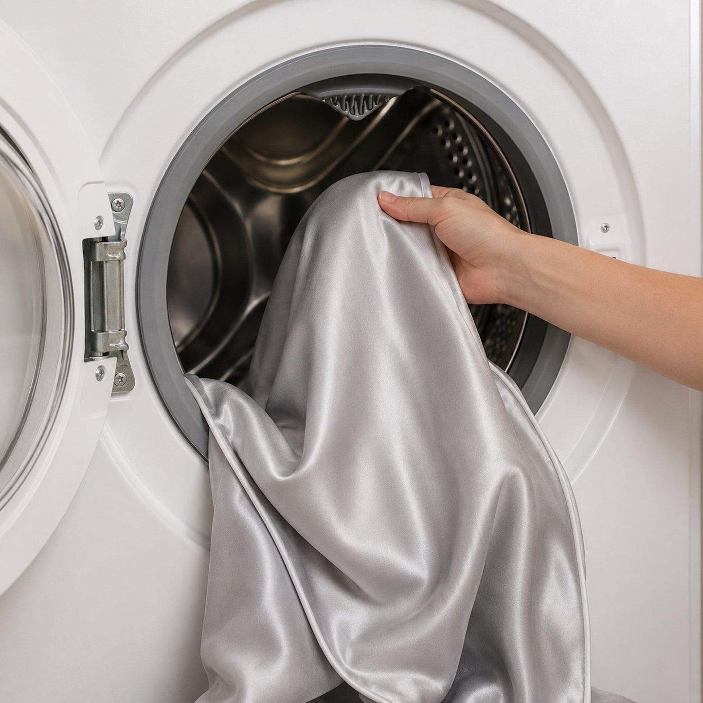 Silver satin quilt cover being placed into a washing machine