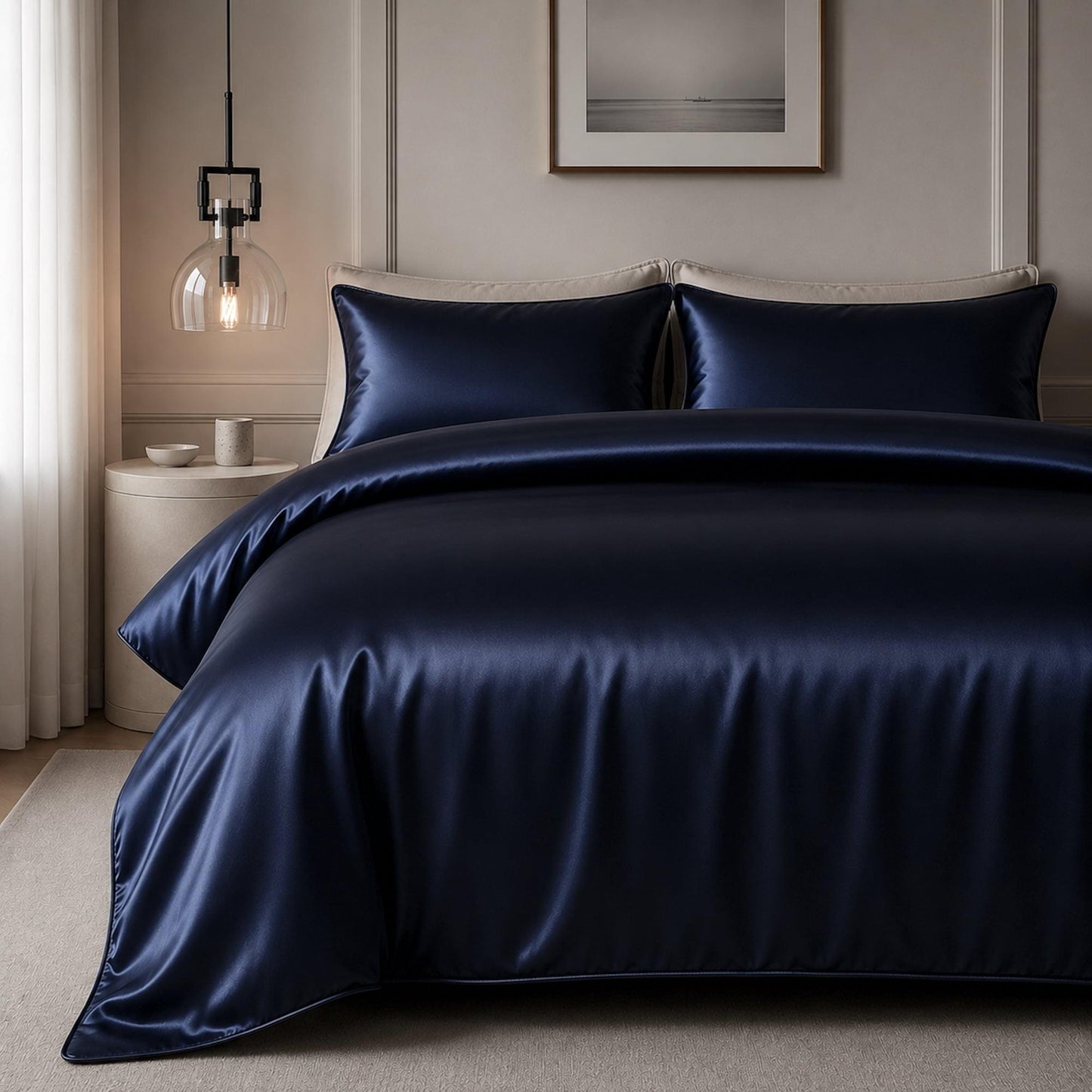 Navy satin quilt cover with pillowcases, smooth glossy surface on a bed