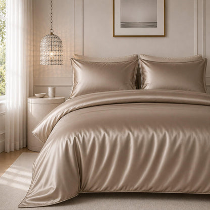 Champagne satin quilt cover with matching pillow shams in light tan on bed